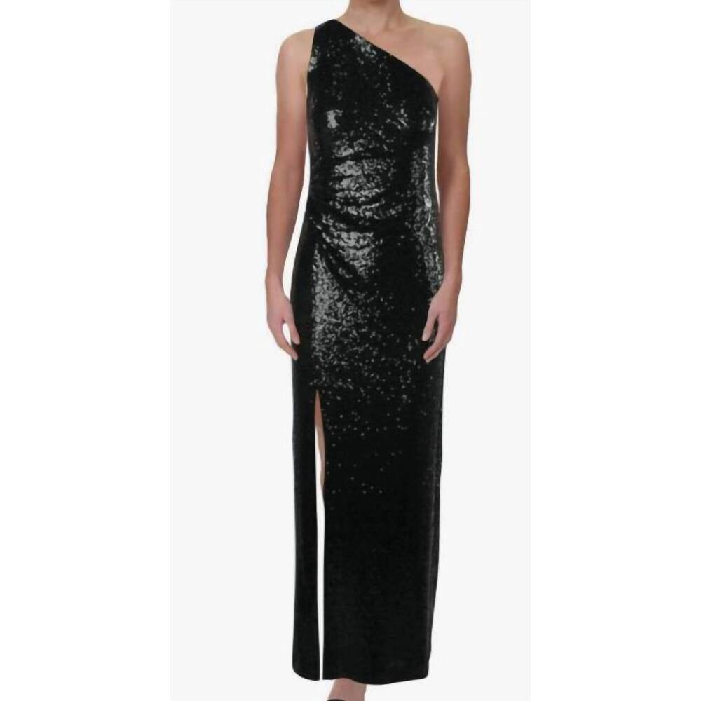 NEW RALPH LAUREN sequined one shoulder gown in forest green